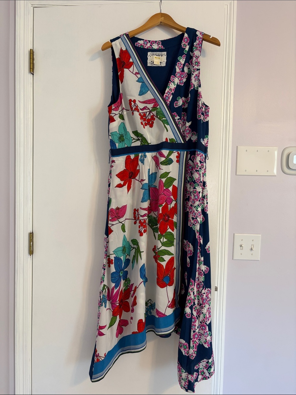 Anthropologie Navy, White & Multicolor Floral Wrap Midi Dress - Contrast Panel